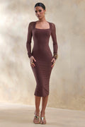 Off Track | Brown Bodycon Midi Dress With Sheer Sleeves
