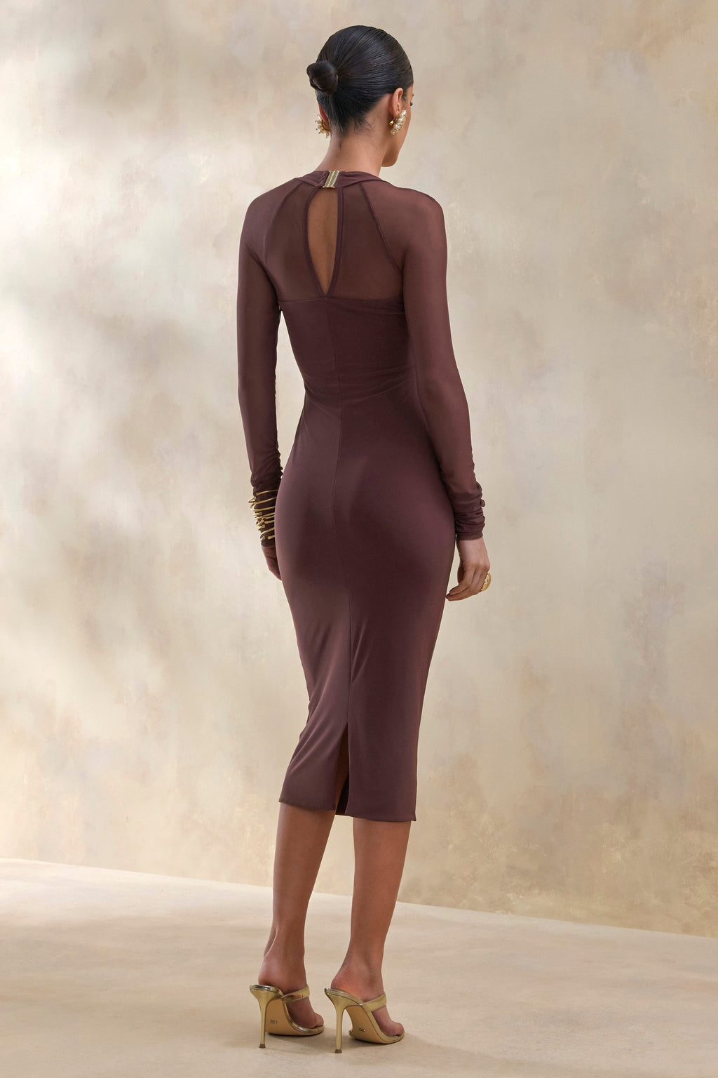 Off Track | Brown Bodycon Midi Dress With Sheer Sleeves