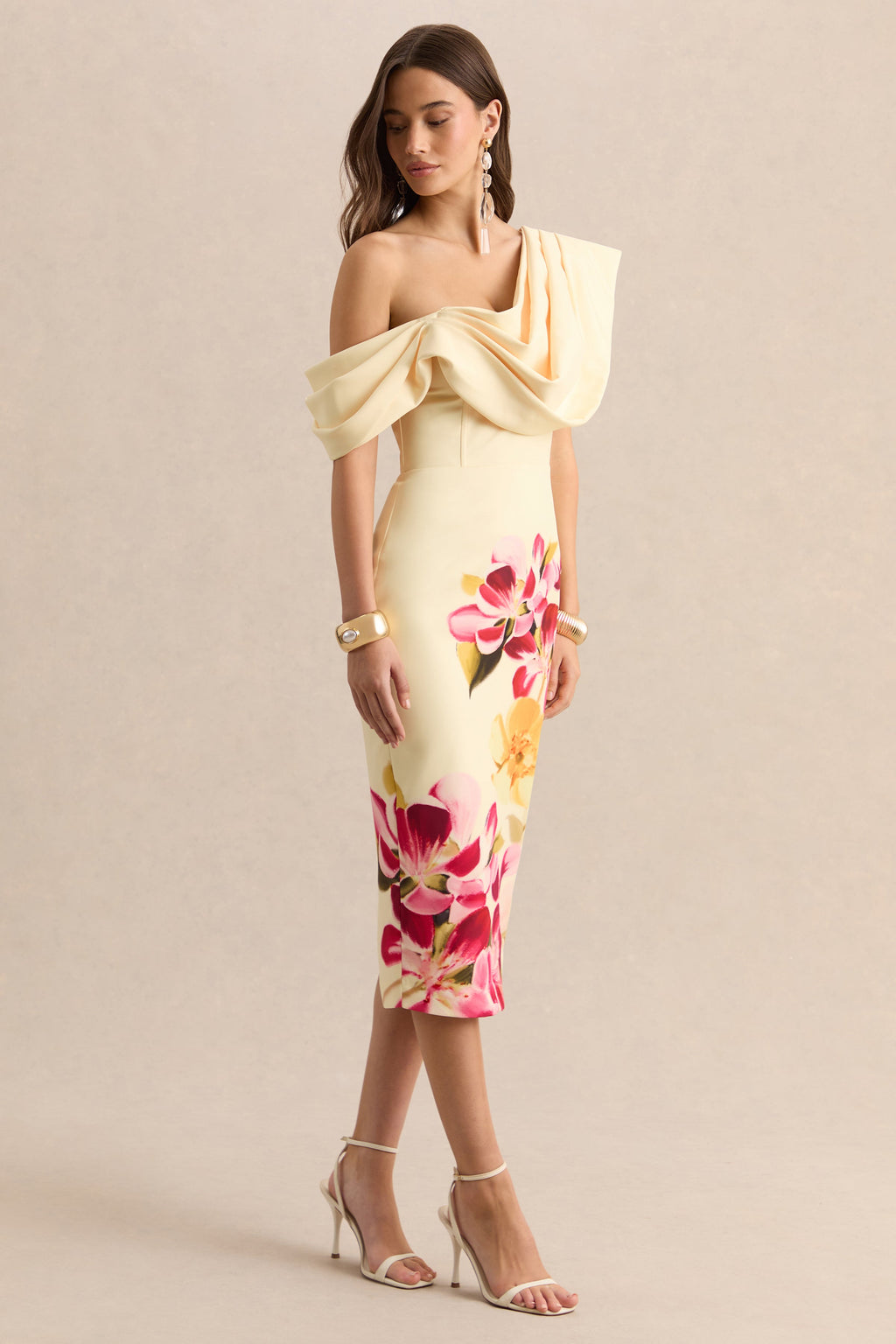Adrina | Hot Pink & Lemon Floral Print Draped One Shoulder Midi Dress