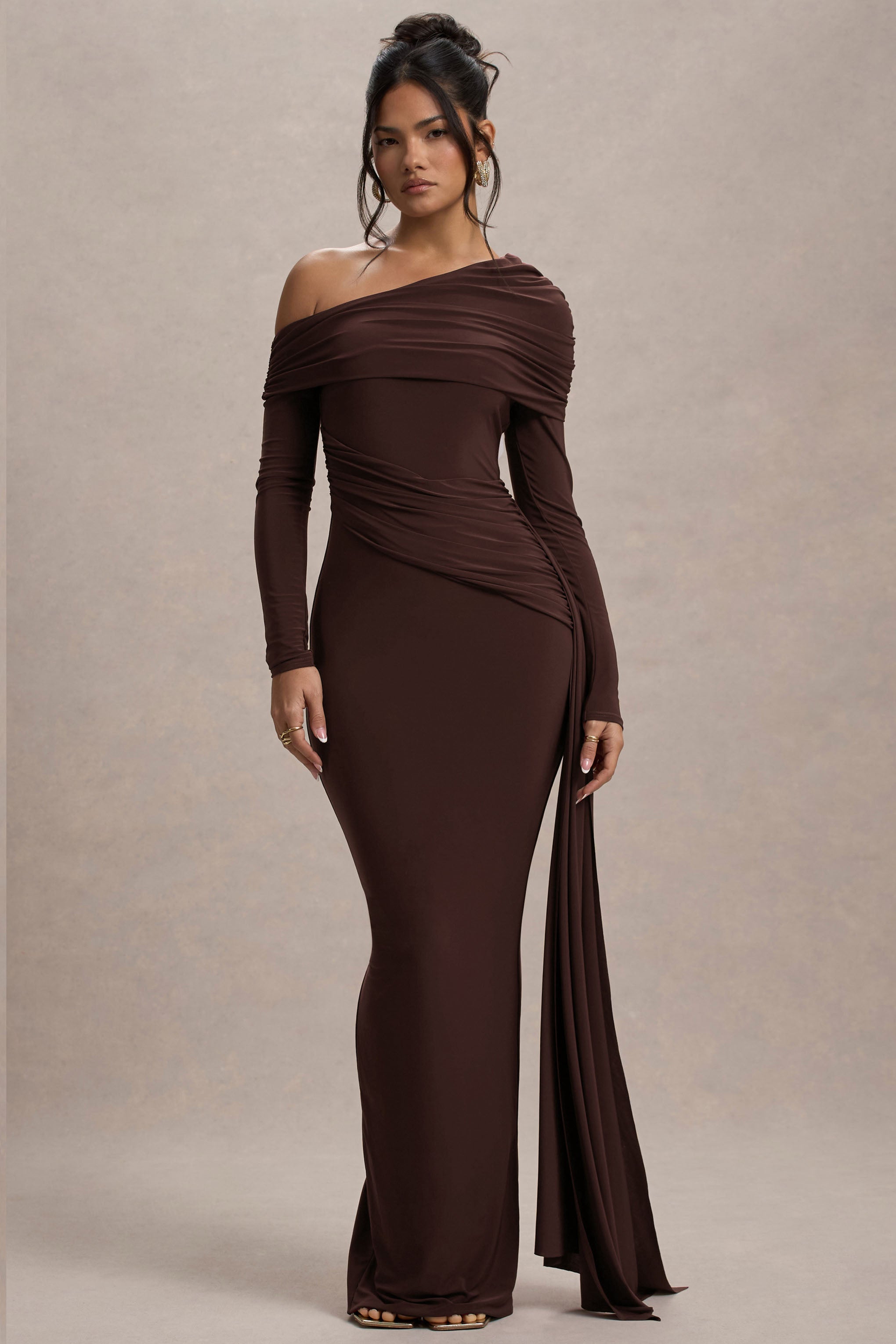 Valina | Brown Ruched Asymmetric Maxi Dress With Drape