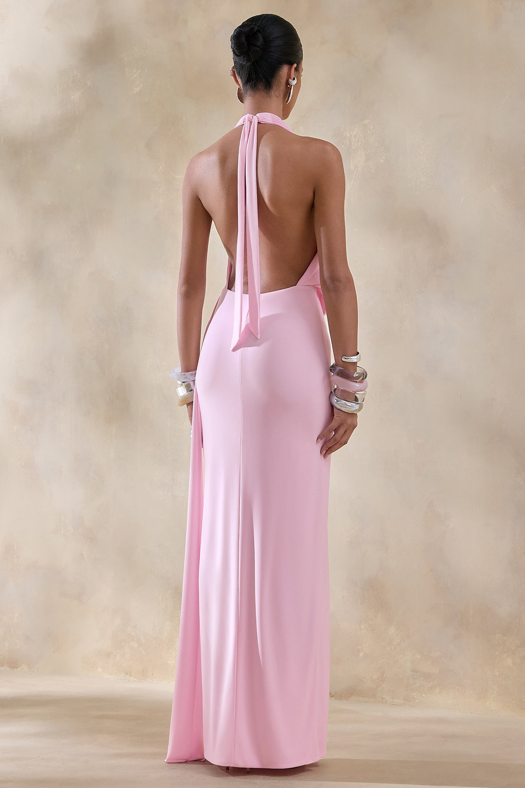 Rosina | Pink Halter-Neck Draped Maxi Dress With Sash