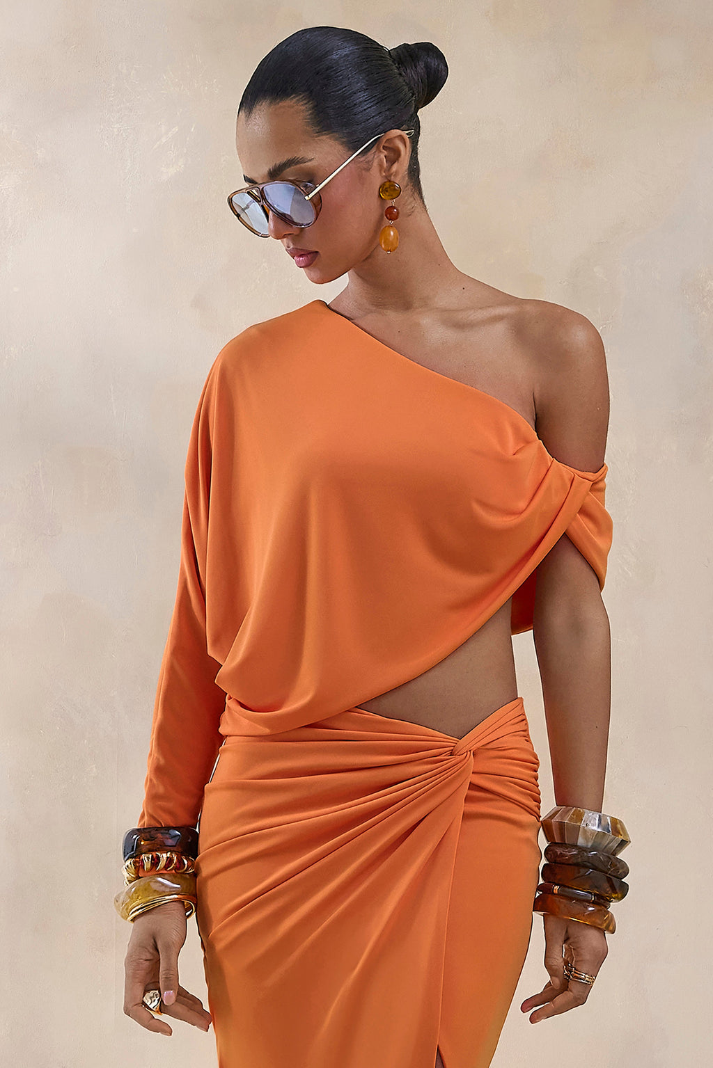 Dua | Orange Asymmetric One-Sleeve Draped Top