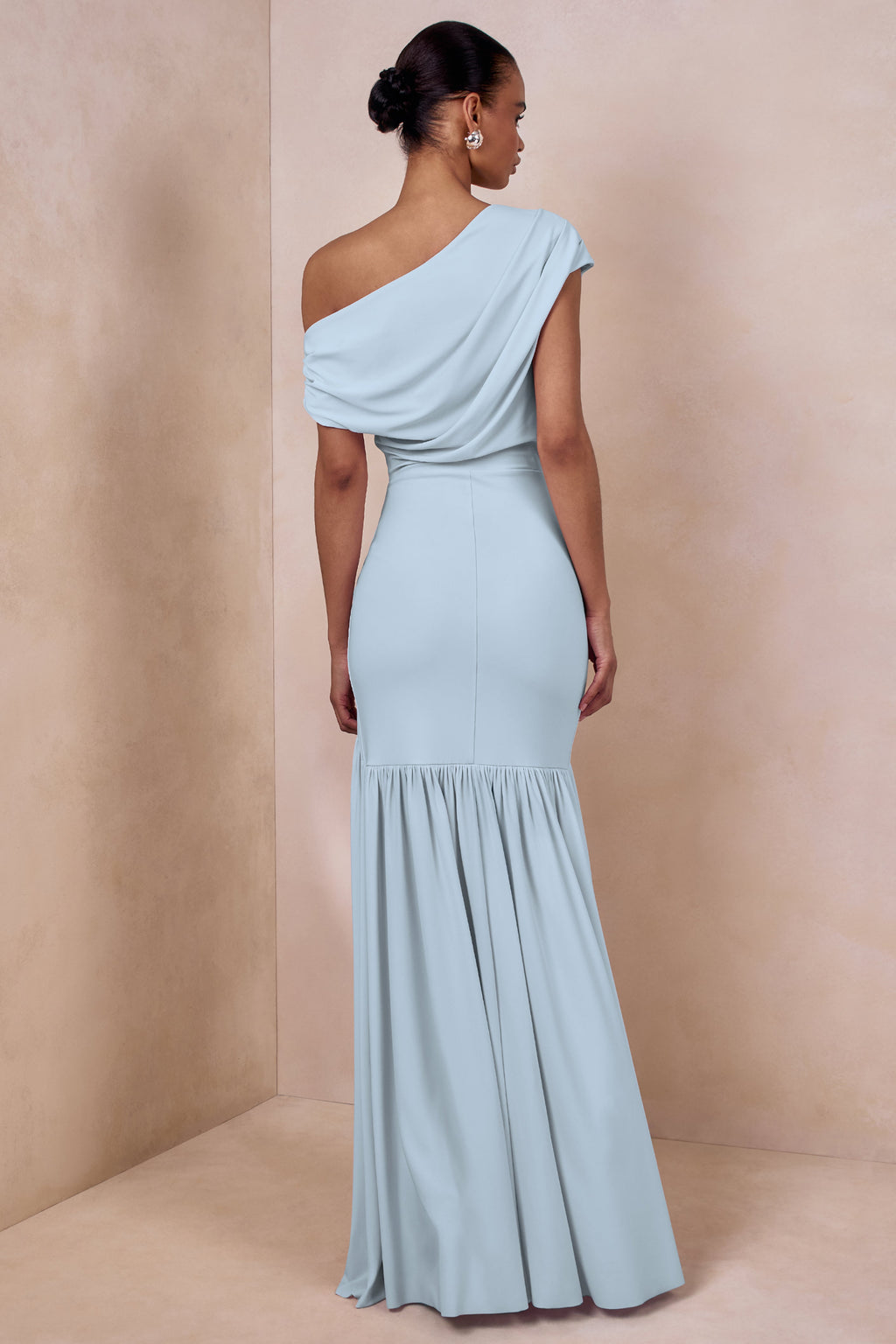 Kady | Powder Blue Asymmetric-Neck Maxi Dress With Ruched Detailing