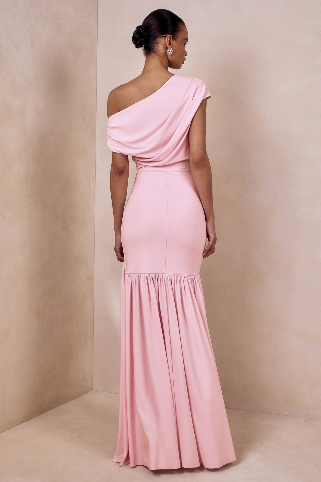 Kady | Pink Asymmetric-Neck Maxi Dress With Ruched Detailing