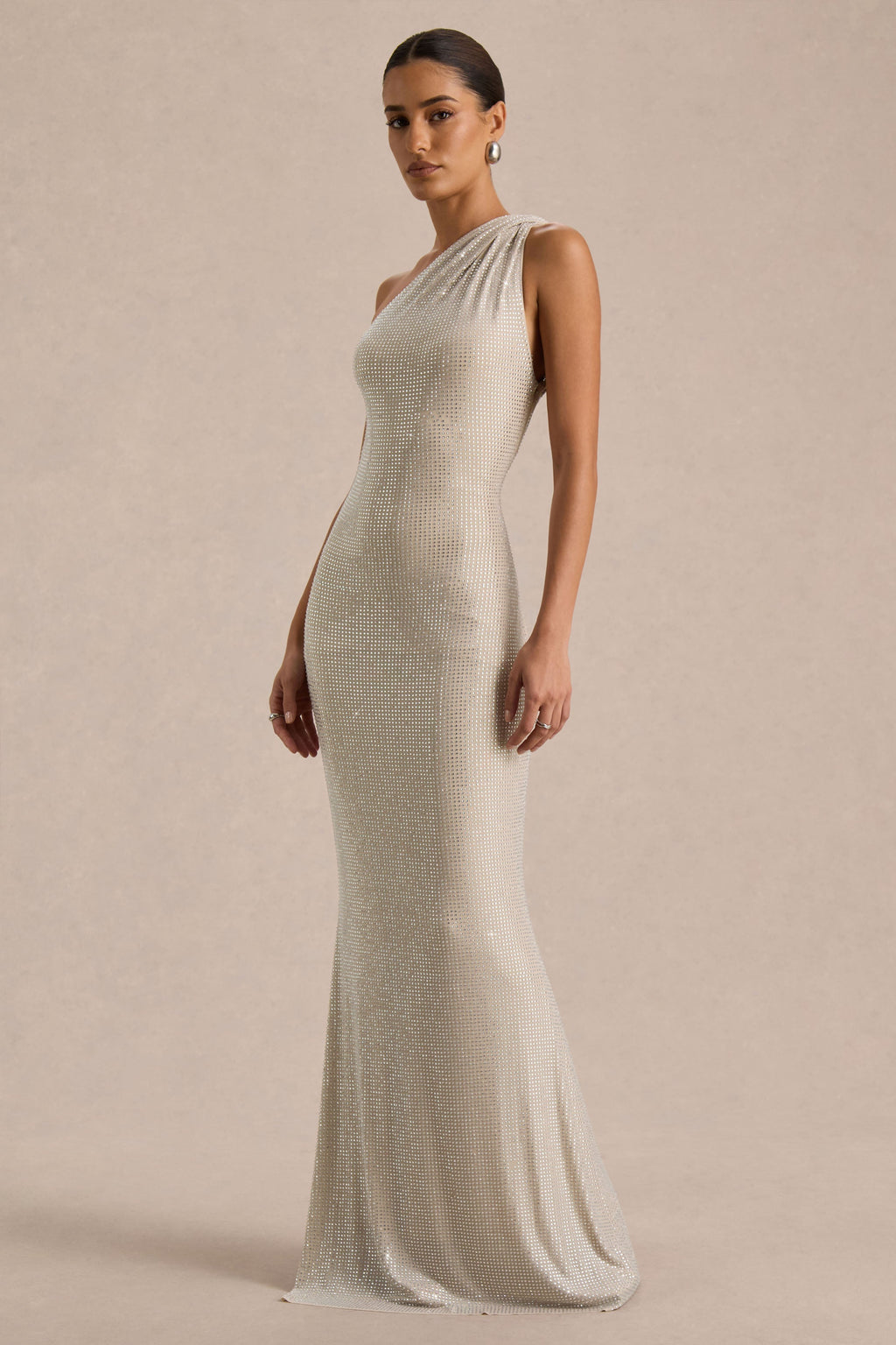 Deity | Silver Embellished Asymmetric-Neck Maxi Dress With Open-Back