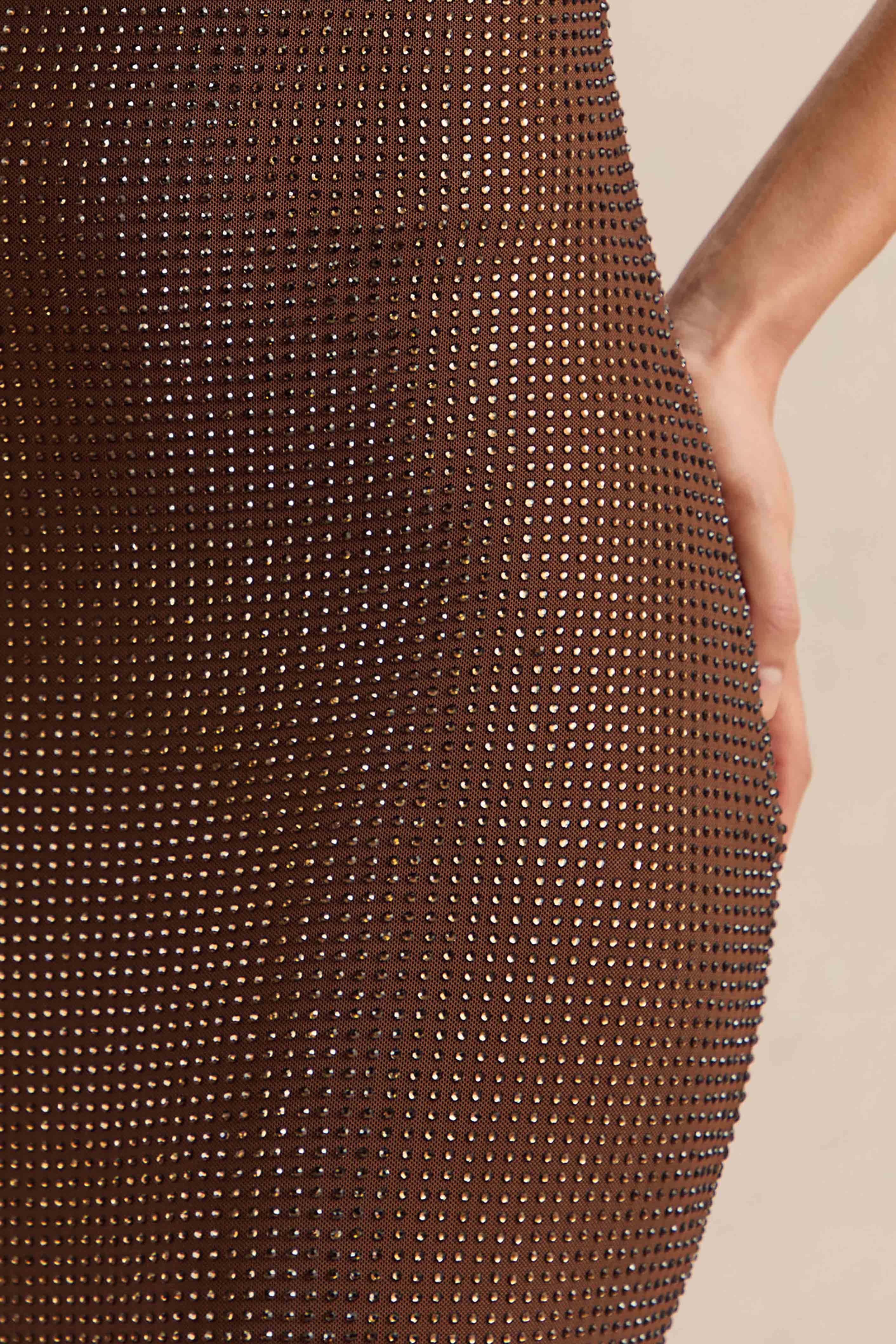 Deity | Brown Embellished Asymmetric-Neck Maxi Dress With Open-Back