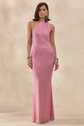 Deity | Pink Embellished Asymmetric-Neck Maxi Dress With Open-Back