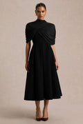 Thalia | Black High-Neck Midi Dress With Sheer Mesh Cape