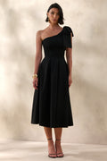 Meria | Black Asymmetric-Neck Midi Dress With Bow-Sleeve