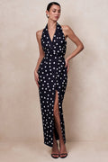 Hana | Black & White Polka Dot Plunge-Neck Tailored Maxi Dress