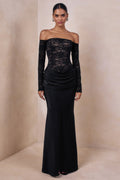 Rinna | Black Lace And Satin Bardot-Neck Maxi Dress