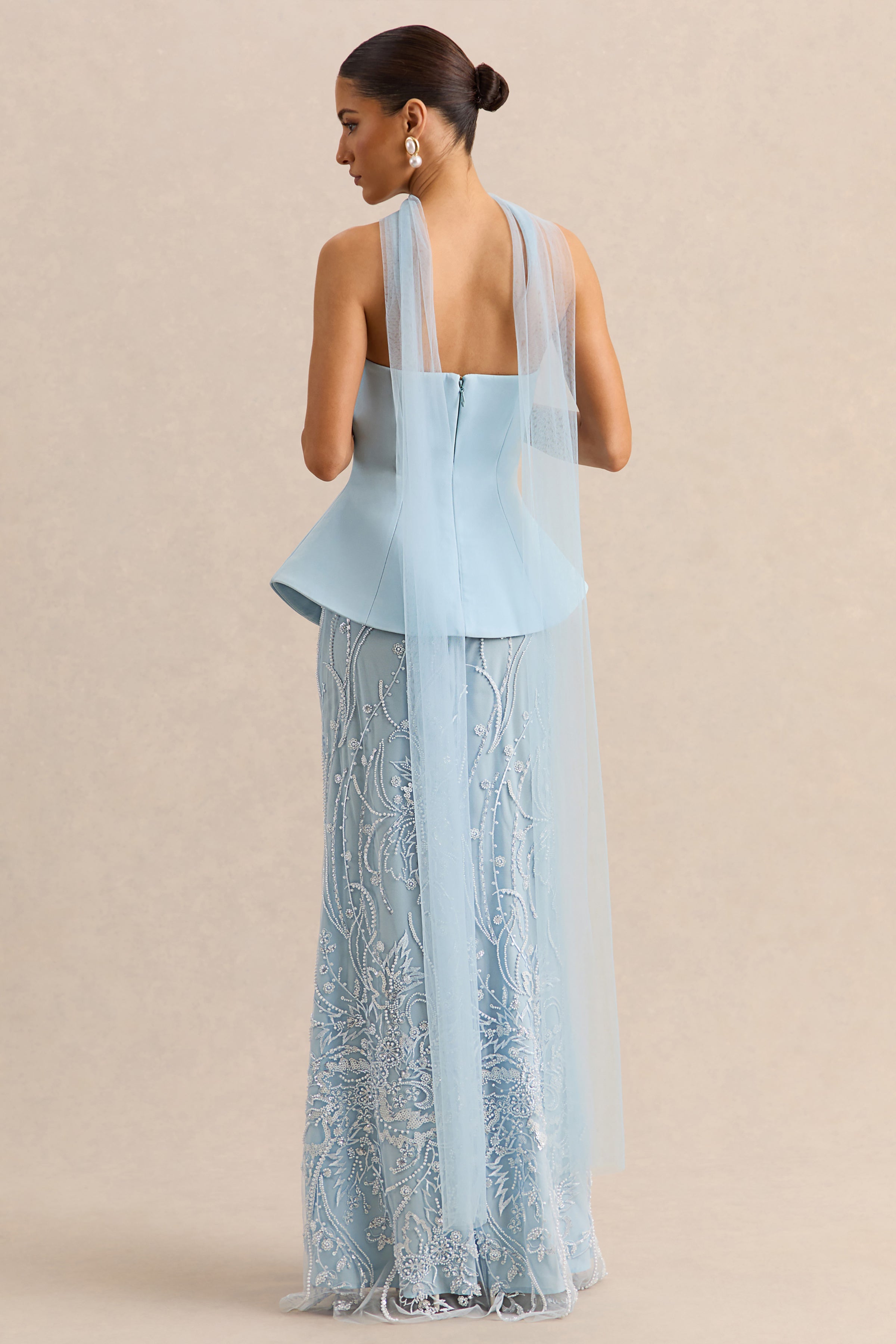 Lorna | Powder Blue Bandeau Maxi Dress With Scarf