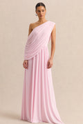 Sabianna | Pink Asymmetric-Neck Maxi Dress With Draped Detailing