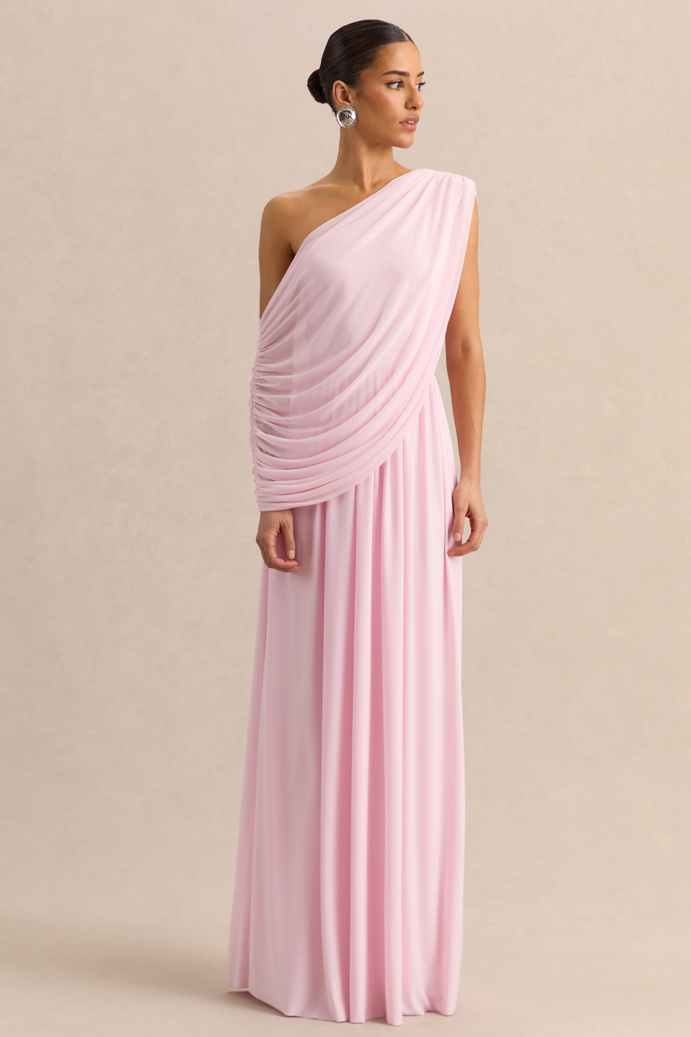 Sabianna | Pink Asymmetric-Neck Maxi Dress With Draped Detailing
