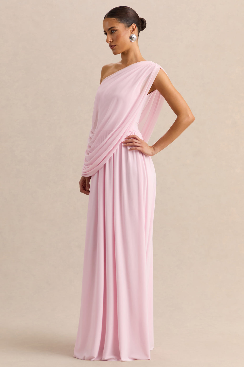 Sabianna | Pink Asymmetric-Neck Maxi Dress With Draped Detailing