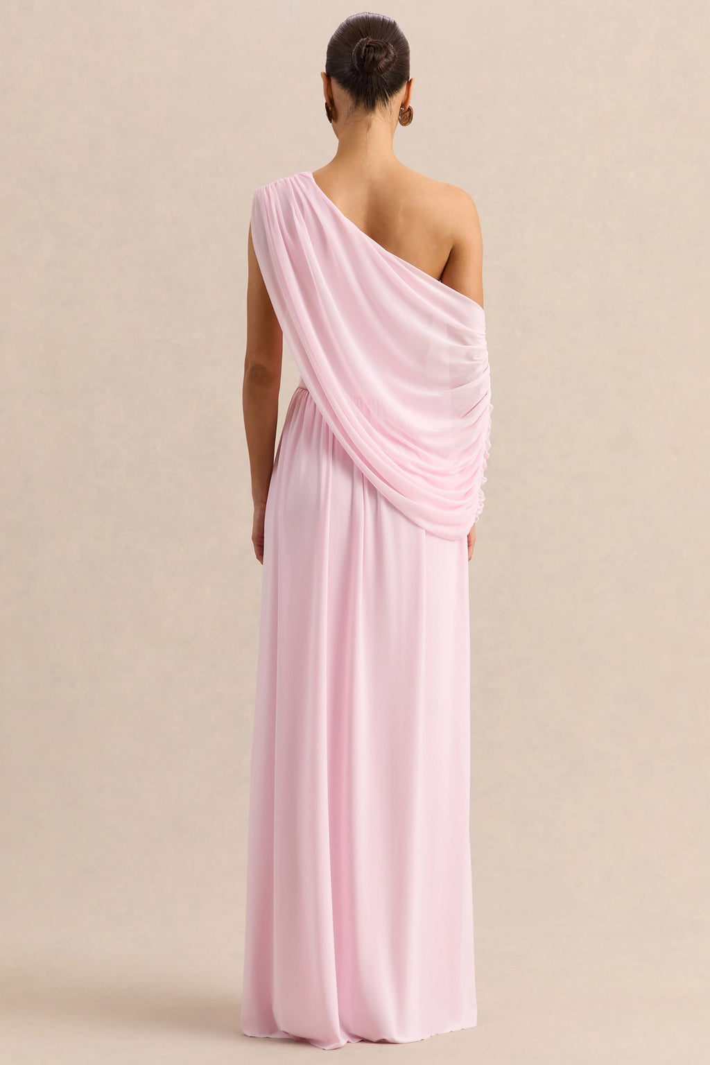 Sabianna | Pink Asymmetric-Neck Maxi Dress With Draped Detailing