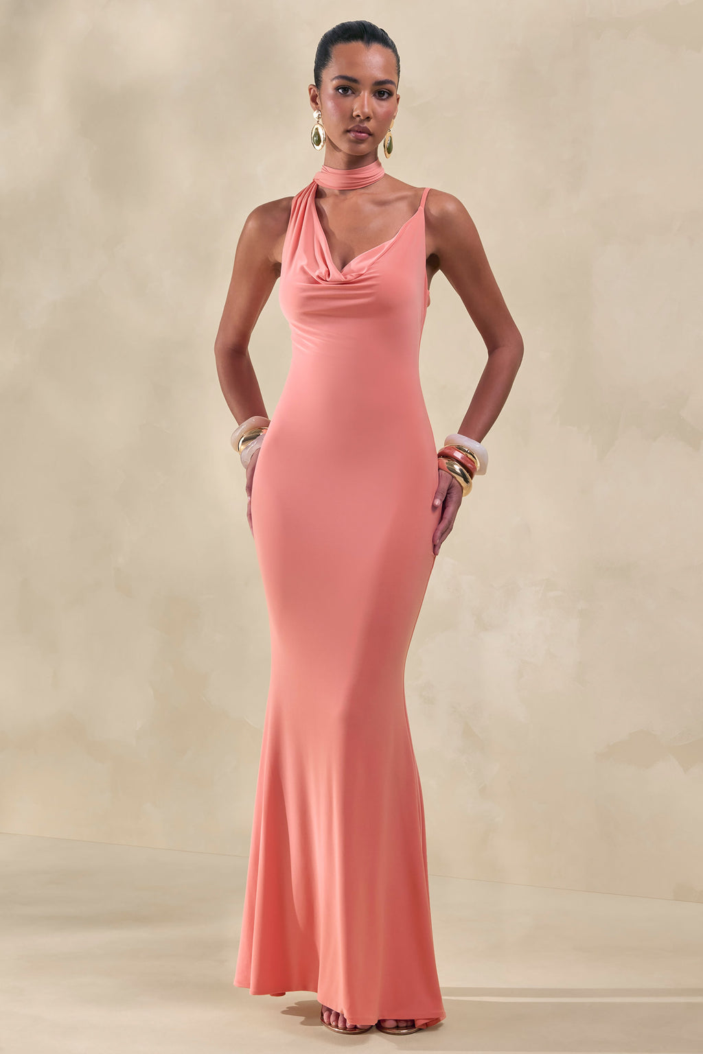 Kenza | Coral Asymmetric-Neck Maxi Dress With Scarf-Detail