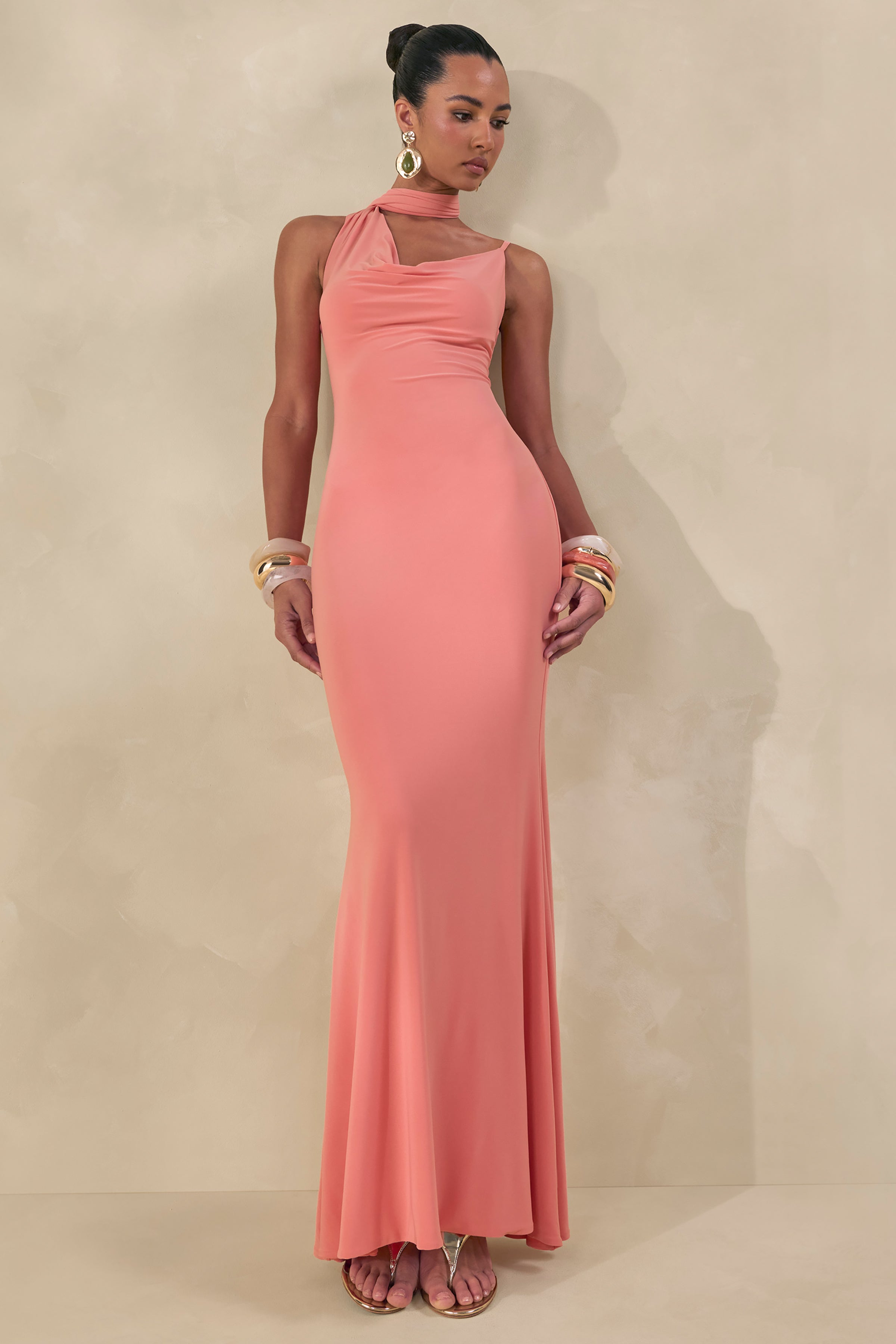 Kenza | Coral Asymmetric-Neck Maxi Dress With Scarf-Detail