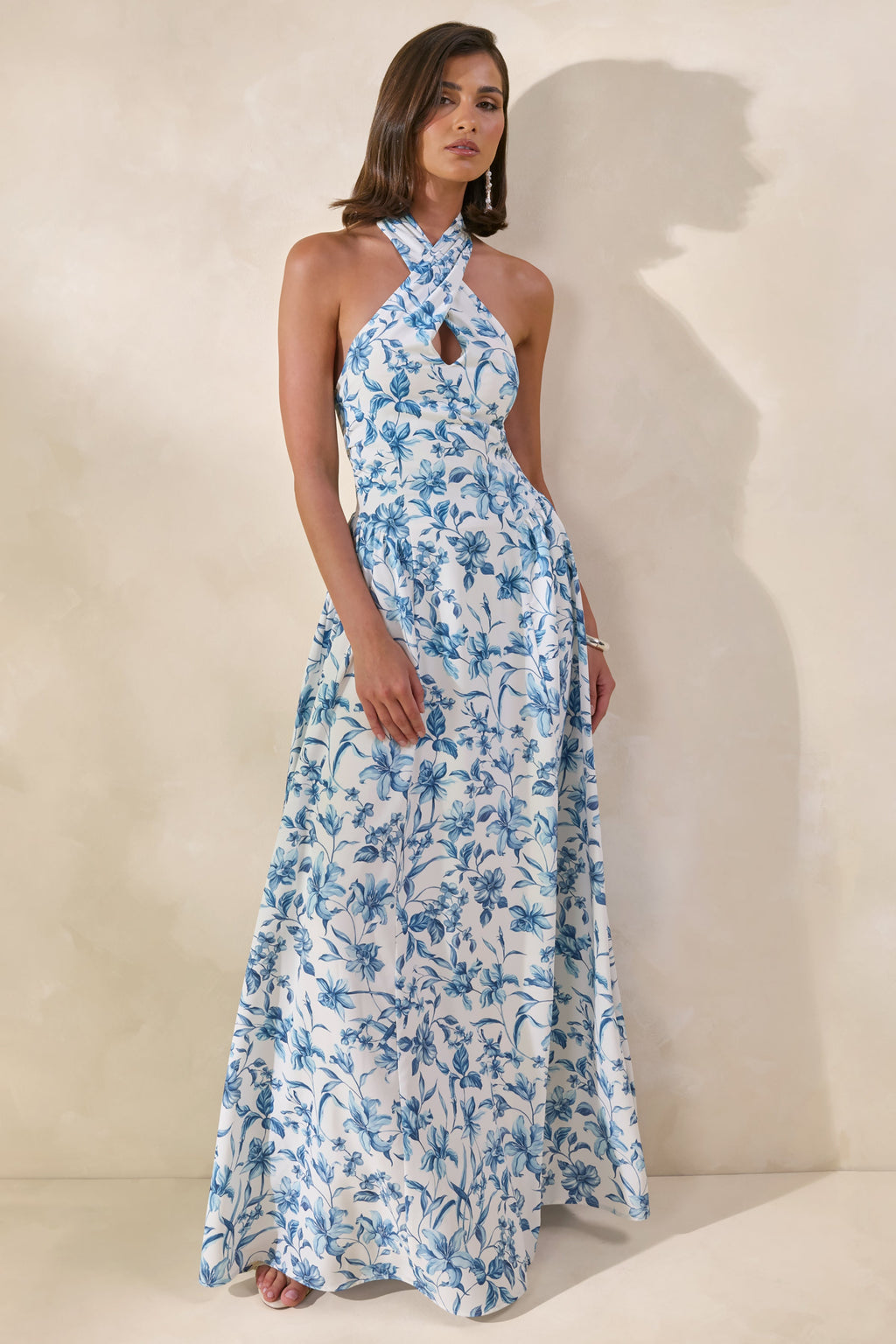 Liana | Blue Porcelain Print Halter-Neck Maxi Dress