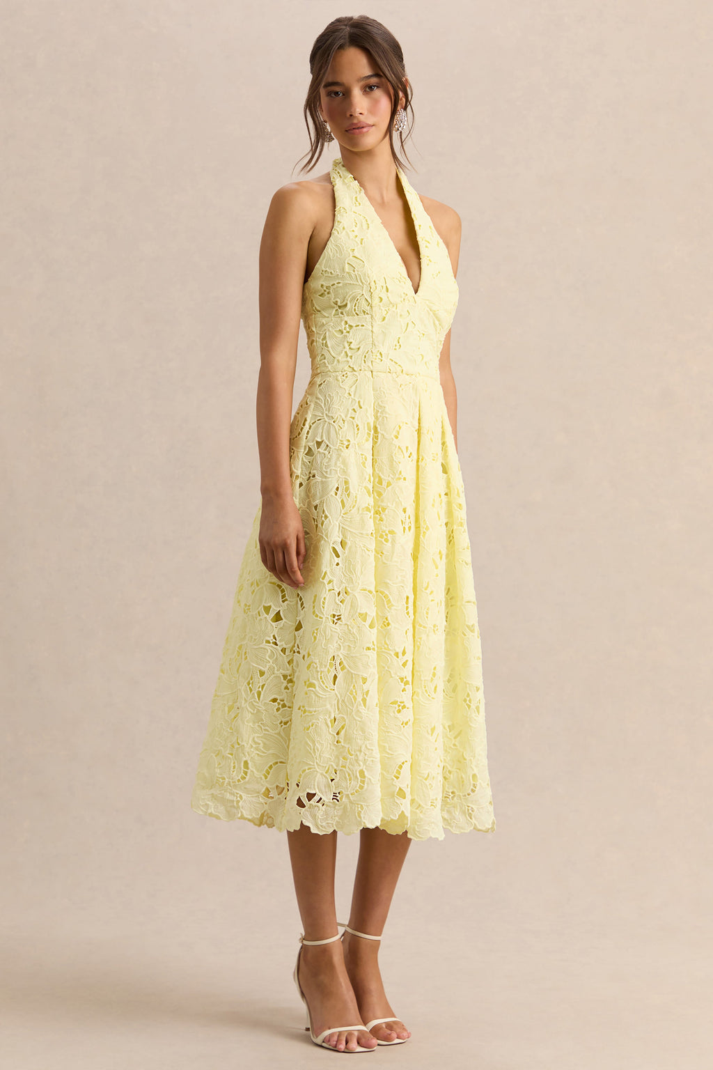 Maribel | Lemon Lace Plunge-Neck Midi Dress