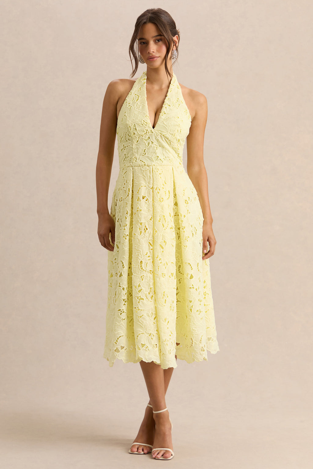 Maribel | Lemon Lace Plunge-Neck Midi Dress