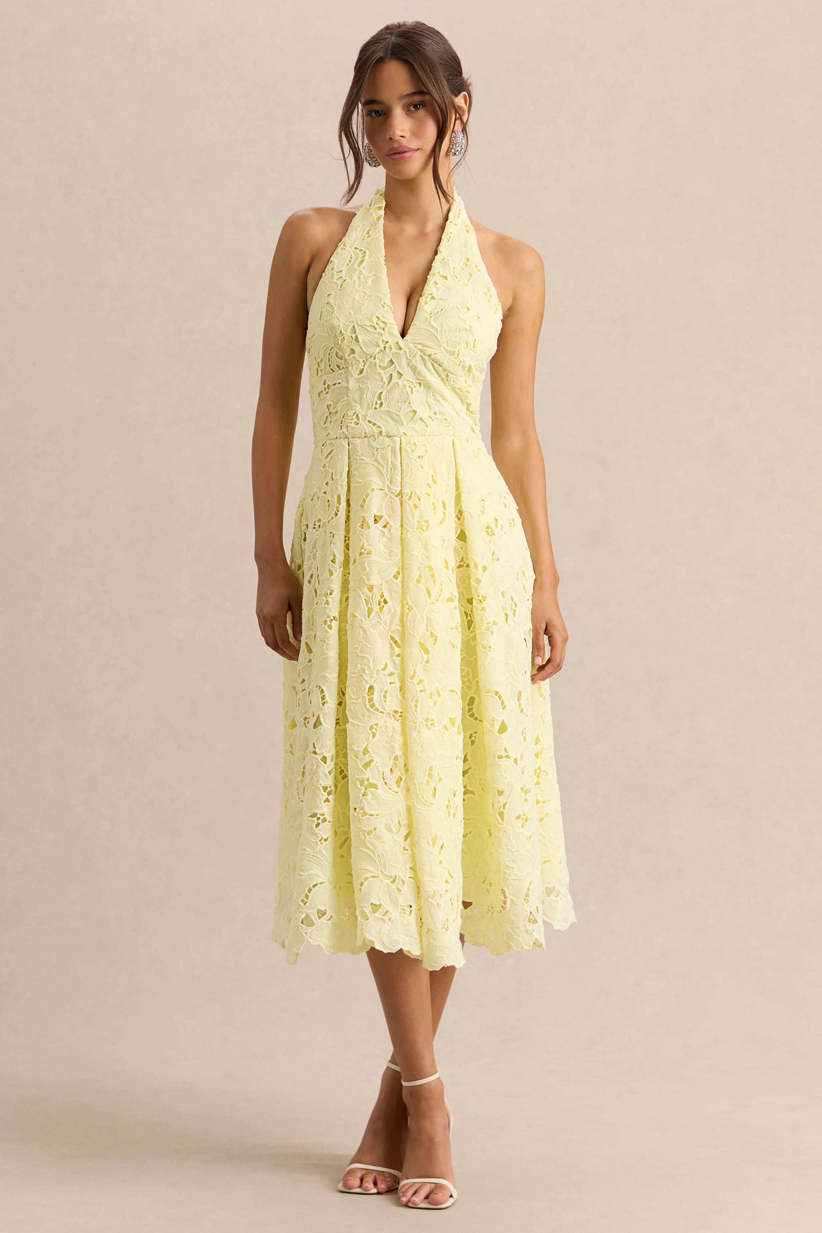 Maribel | Lemon Lace Plunge-Neck Midi Dress