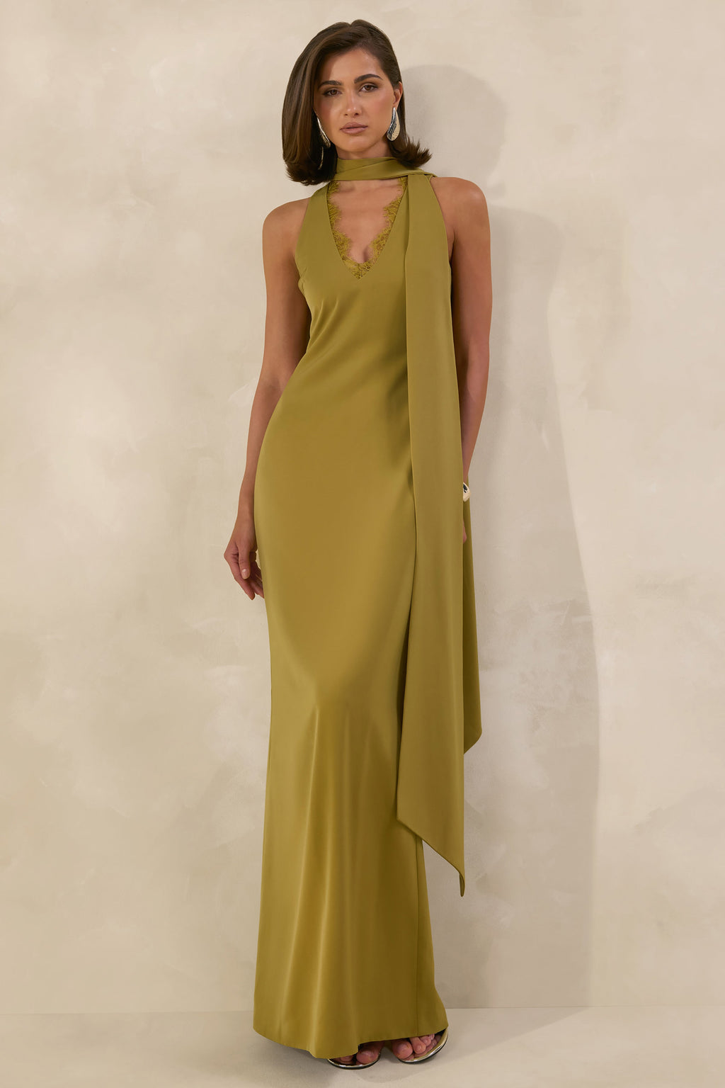 True Icon | Olive Satin High-Neck Maxi Slip Dress With Sash