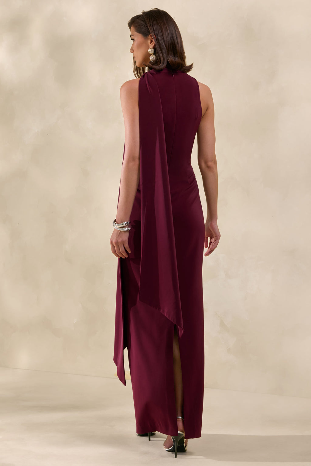 True Icon | Burgundy Satin High-Neck Maxi Slip Dress With Sash