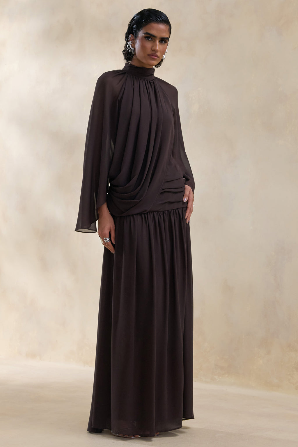 Narella | Brown Chiffon High-Neck Maxi Dress With Draped-Detailing