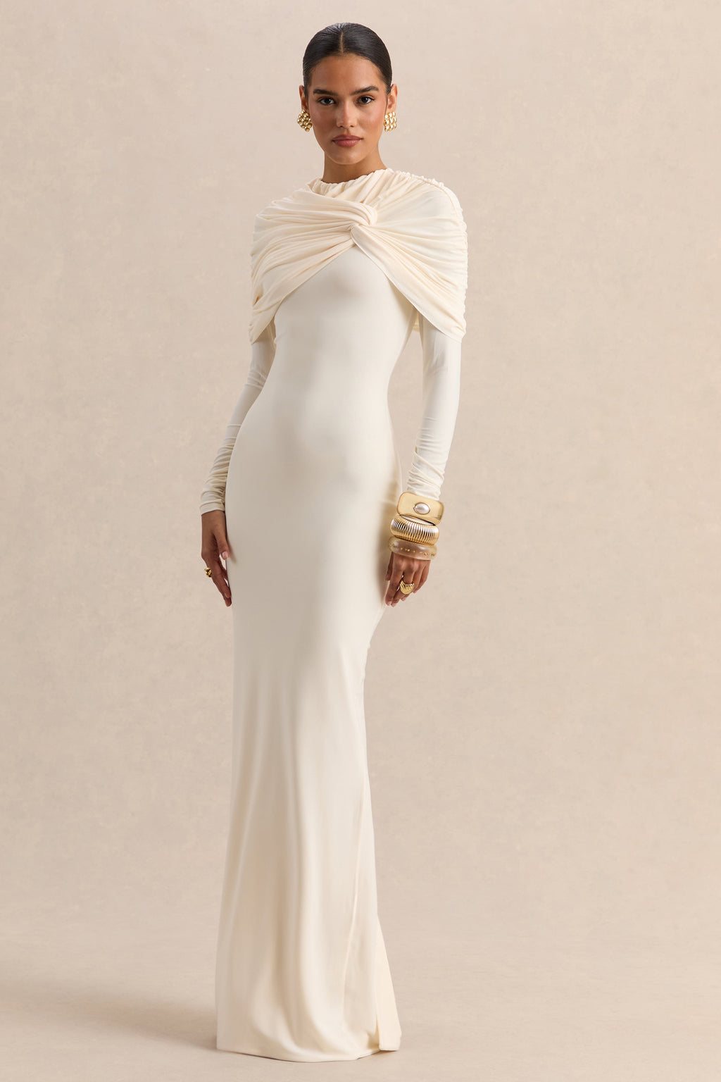 Evessa | Cream Crew-Neck Maxi Dress With Gathered-Detailing