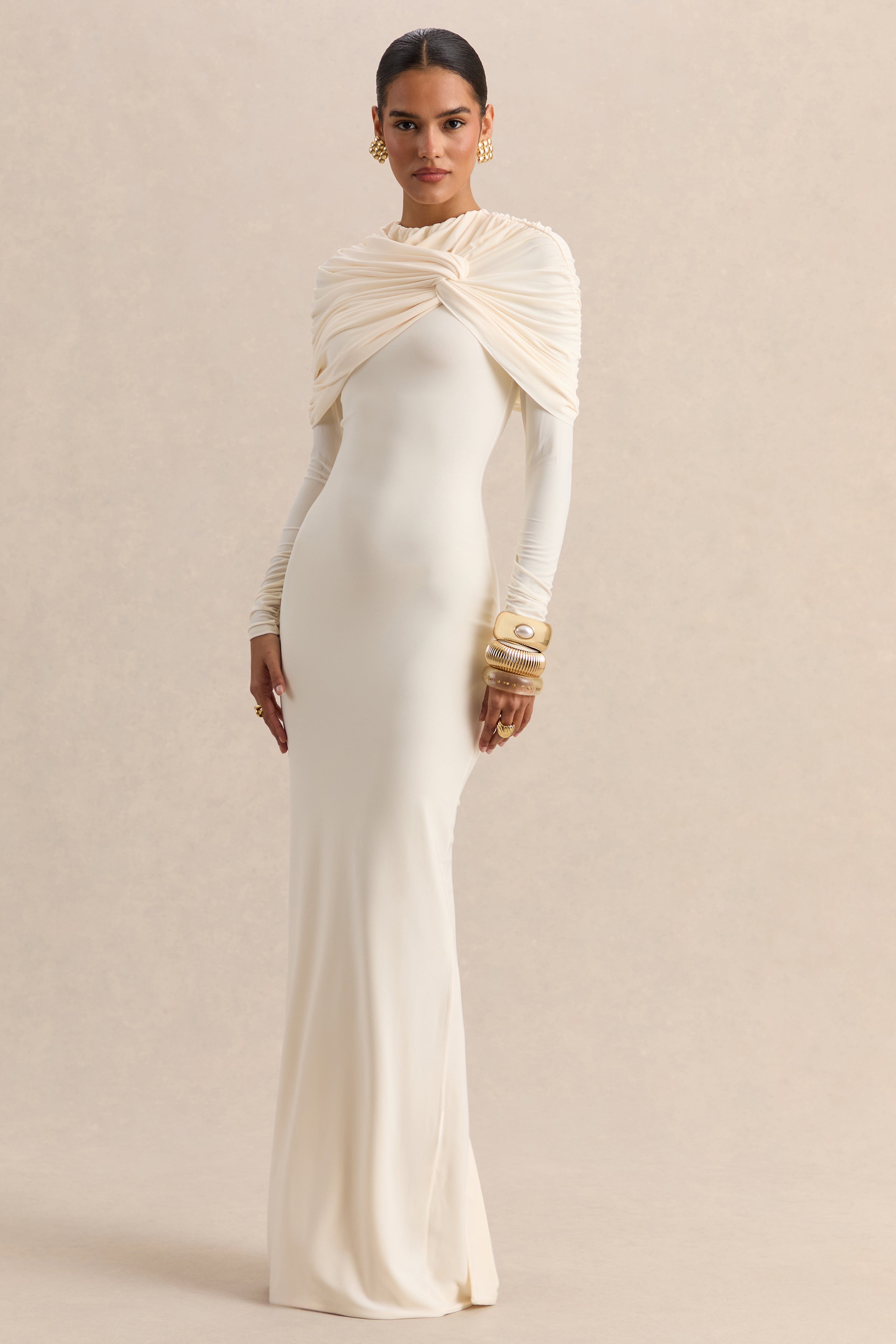 Evessa | Cream Crew-Neck Maxi Dress With Gathered-Detailing