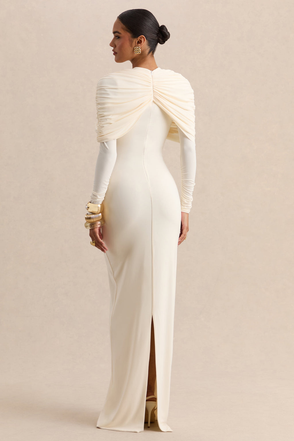 Evessa | Cream Crew-Neck Maxi Dress With Gathered-Detailing