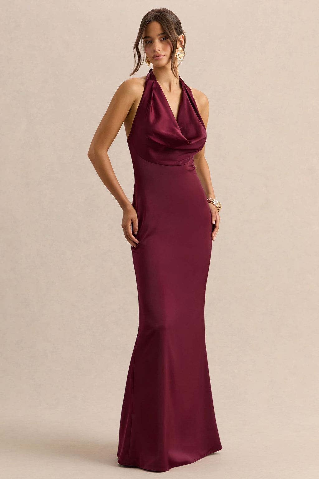Aralisse | Burgundy Satin Cowl-Neck Maxi Dress