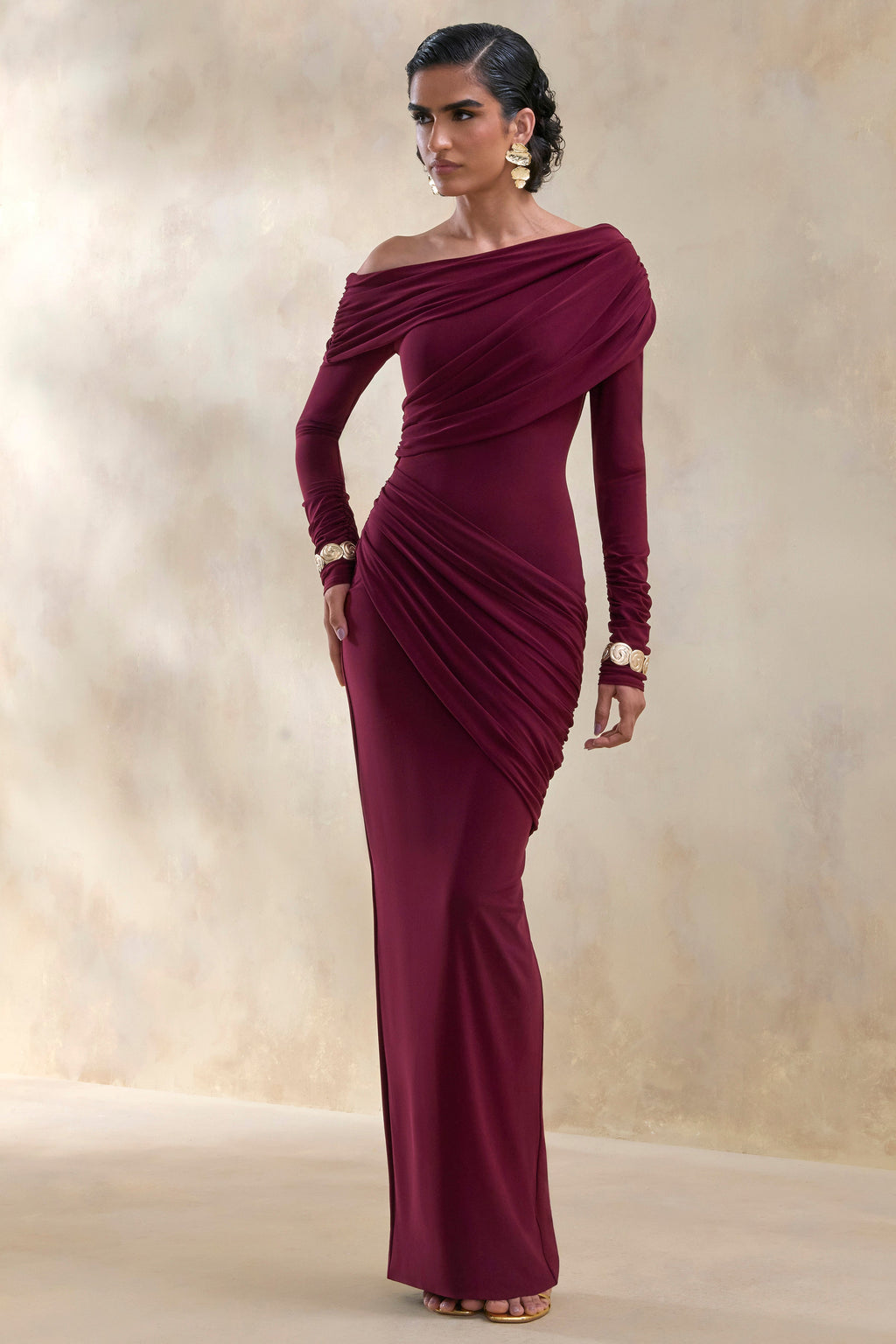Rosirene | Burgundy Asymmetric-Neck Maxi Dress With Draped-Detailing