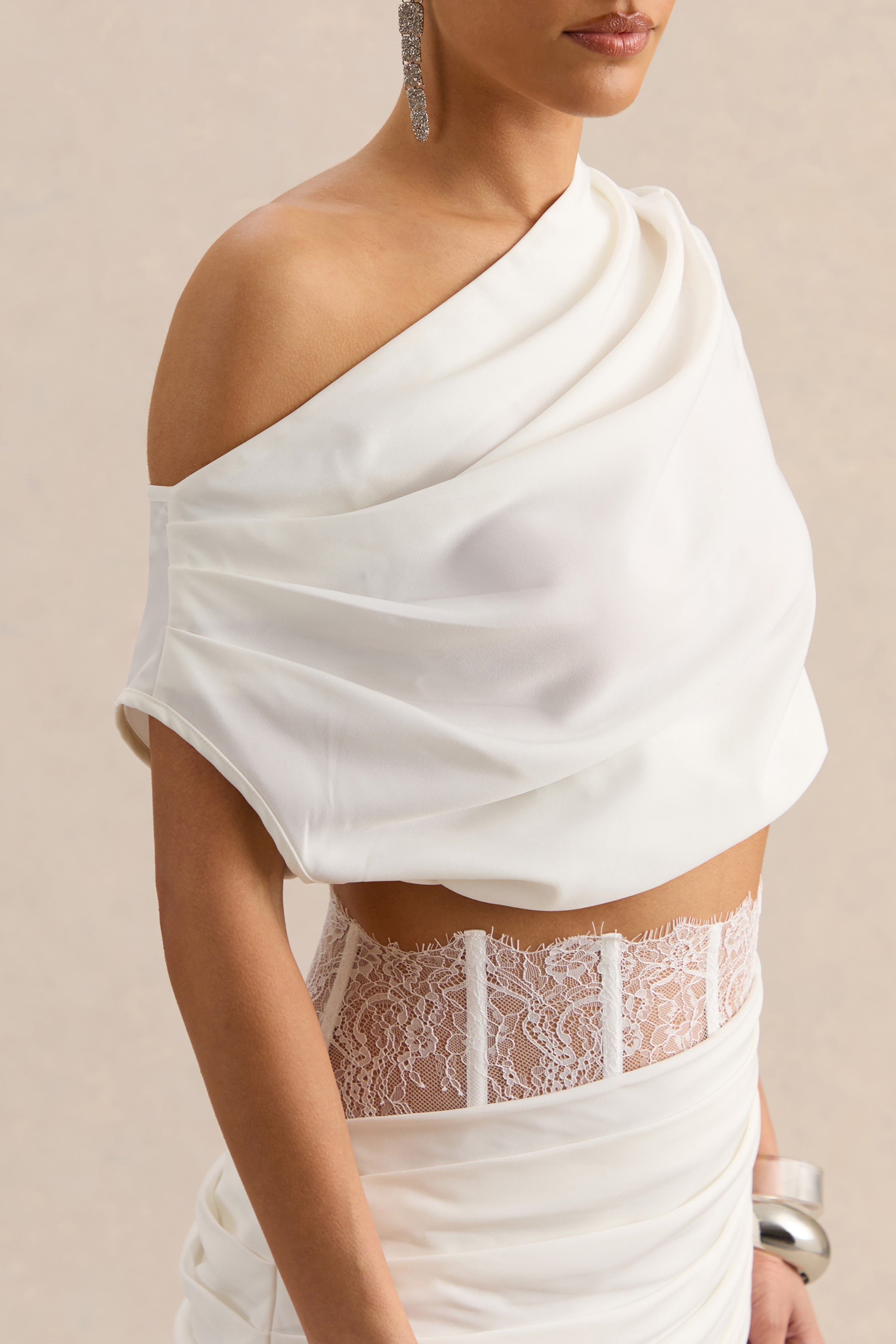 Yaselle | White Satin Asymmetric-Neck Crop-Top
