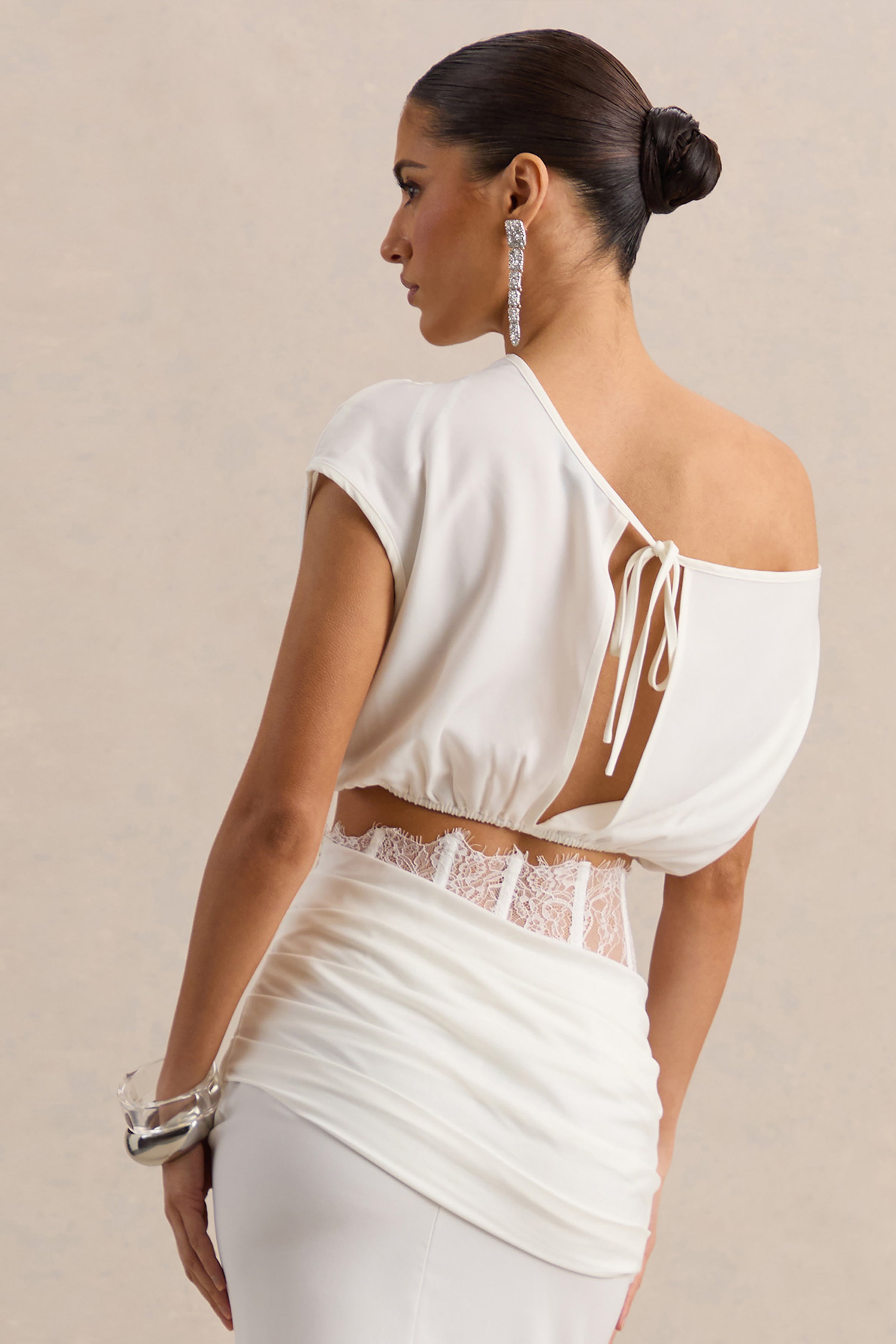 Yaselle | White Satin Asymmetric-Neck Crop-Top