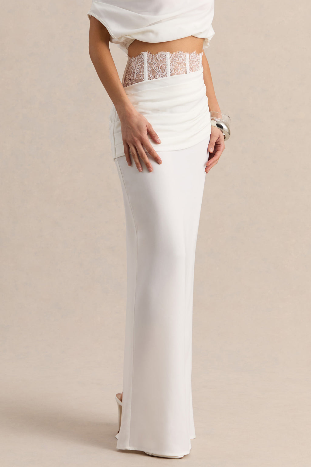 Silora | White Satin Maxi Skirt With Lace-Detail
