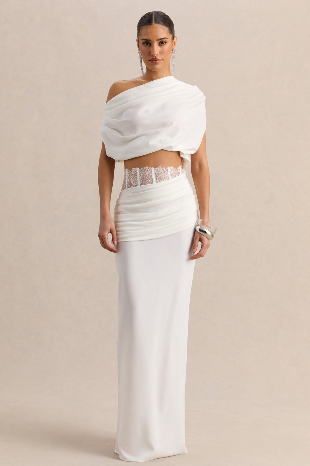 Silora | White Satin Maxi Skirt With Lace-Detail