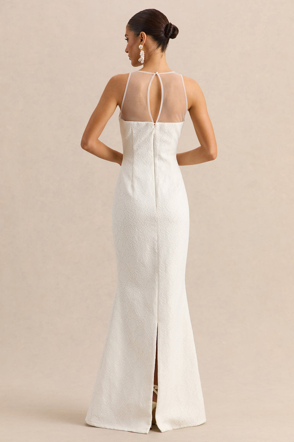 Rosevine | White Crew-Neck Maxi Dress With Mesh Panel