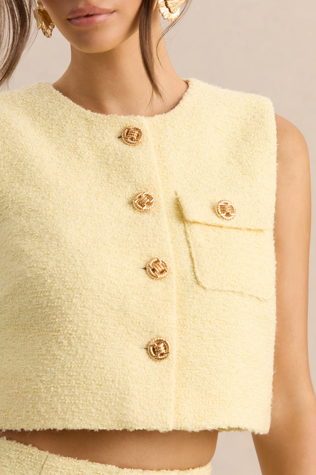 Emara | Lemon Round-Neck Top With Button-Detailing