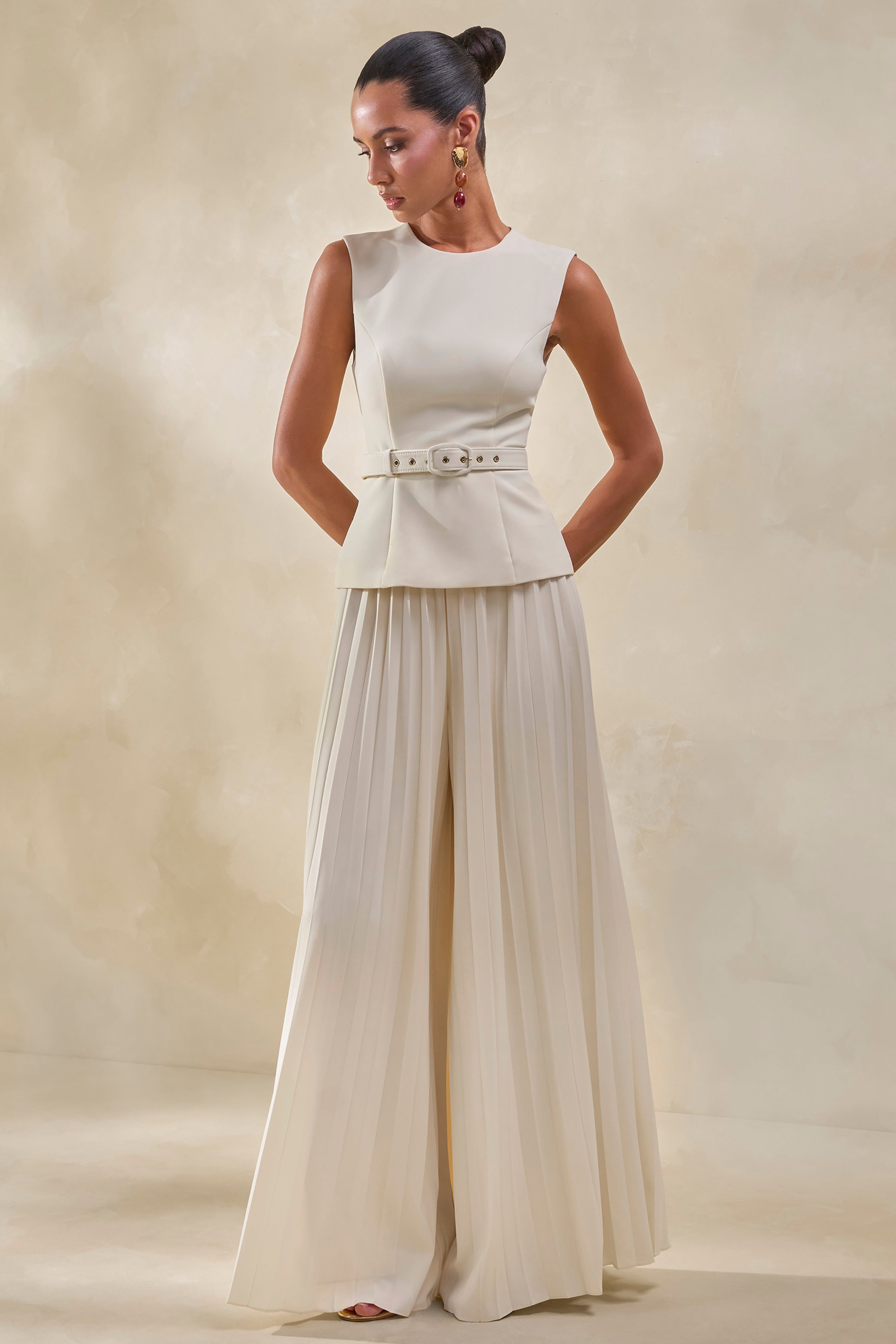 Karienne | Cream Round-Neck Top With Belted-Detail