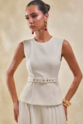 Karienne | Cream Round-Neck Top With Belted-Detail