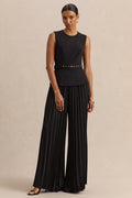Lerenza | Black Satin Wide-Leg Pleated Trousers