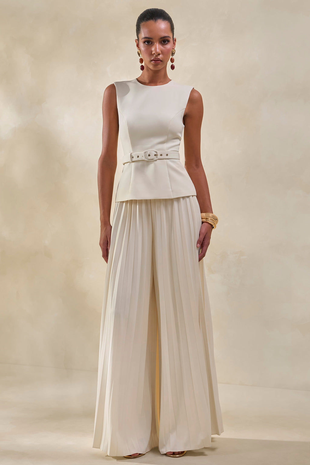 Lerenza | Cream Satin Wide-Leg Pleated Trousers