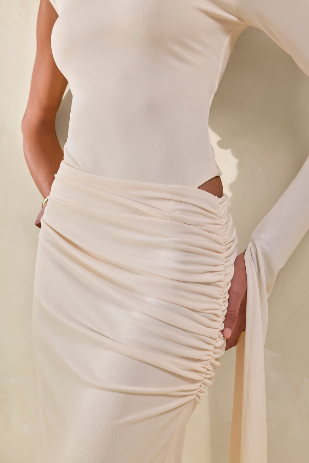 Ellora | Cream High-Neck One Sleeve Thong Bodysuit