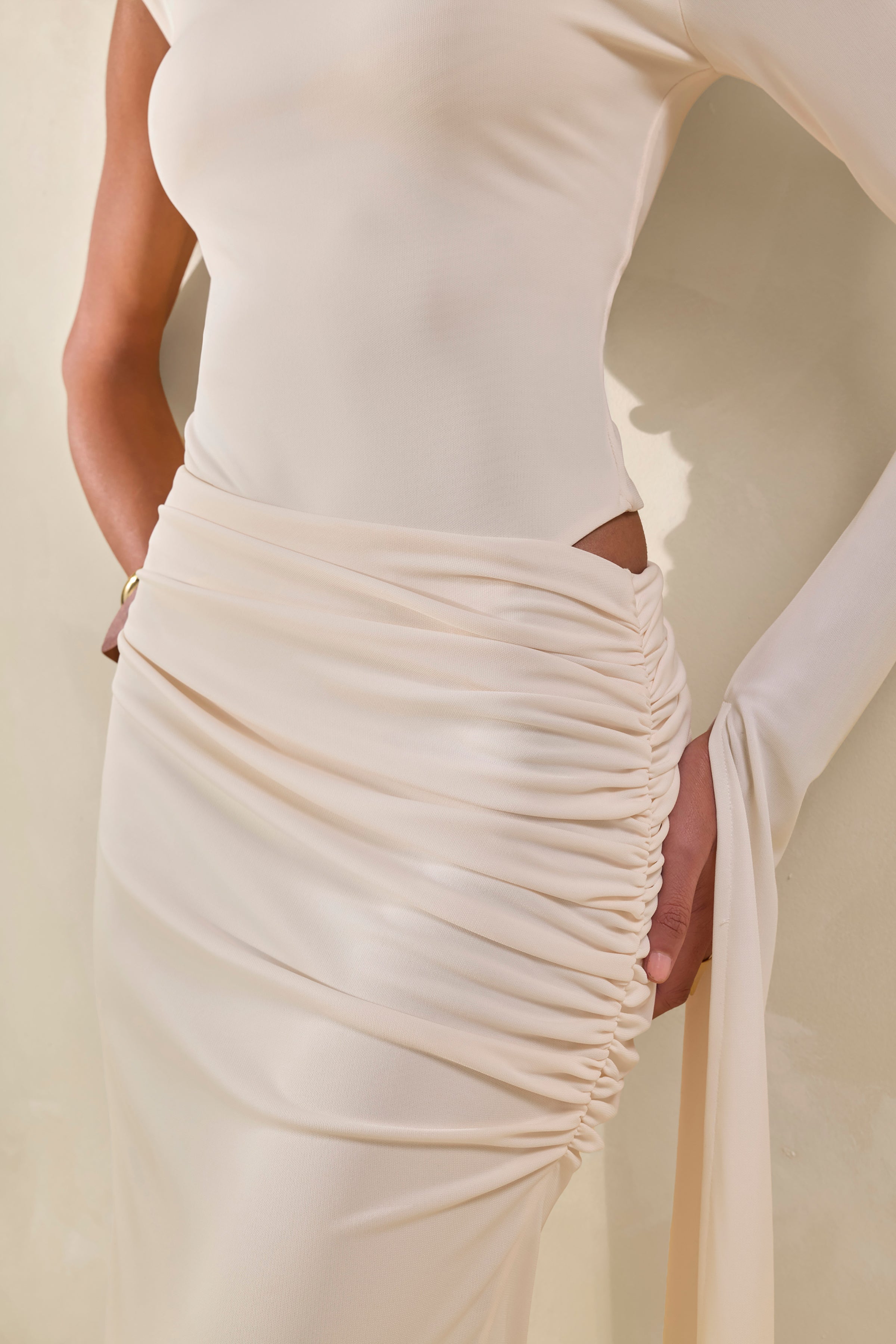 Ellora | Cream High-Neck One Sleeve Thong Bodysuit