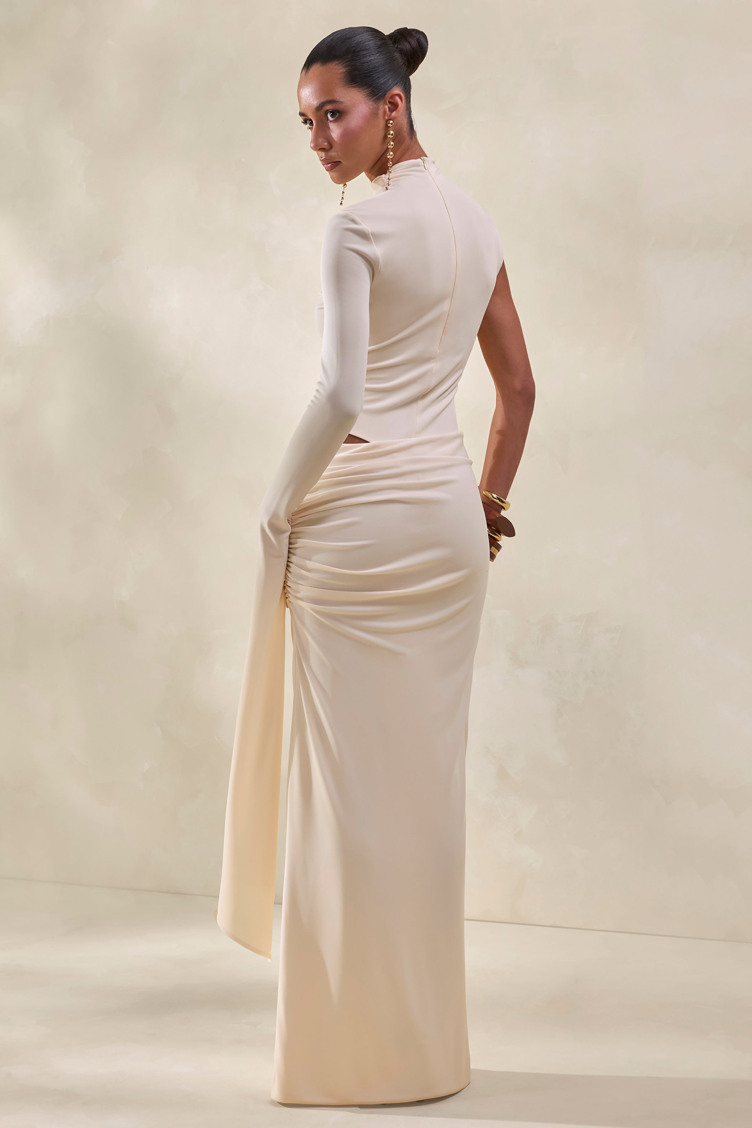 Ellora | Cream High-Neck One Sleeve Thong Bodysuit