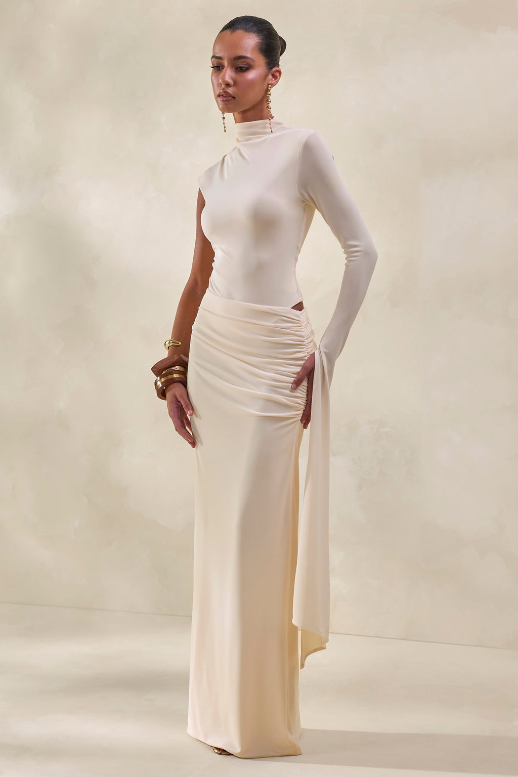 Ellora | Cream High-Neck One Sleeve Thong Bodysuit