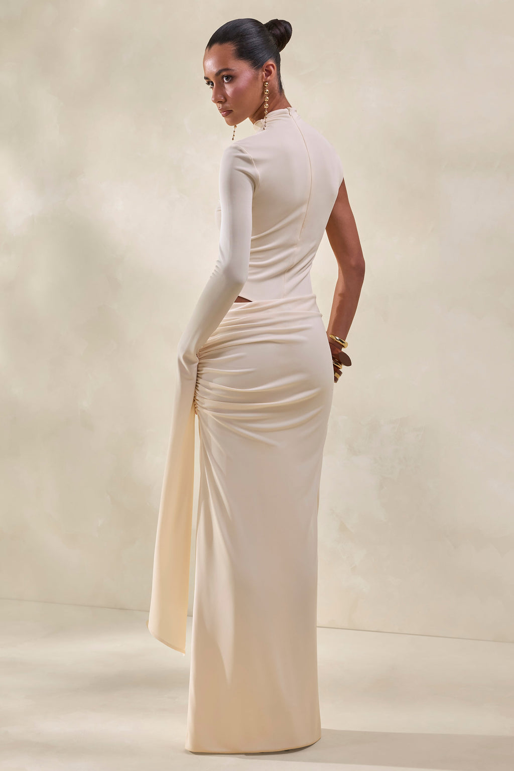 Adessa | Cream Asymmetric Waist Ruched Maxi Skirt