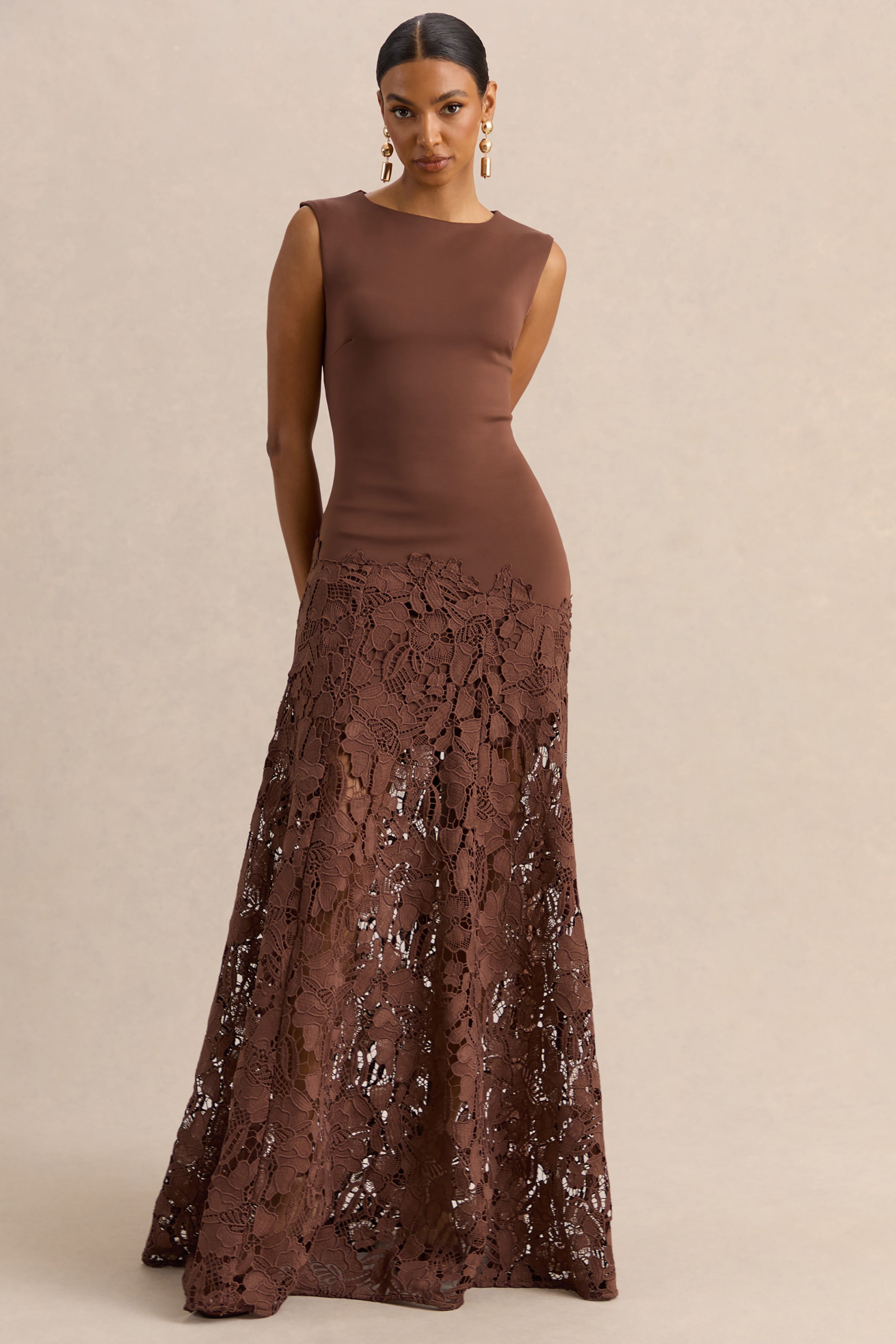 Calune | Brown Lace Wide-Neck Maxi Dress